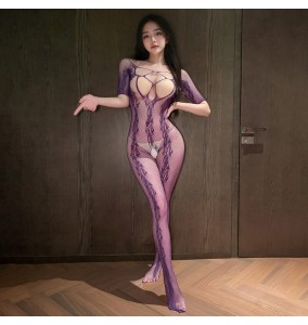 FEE ET MOI - Seductive Jacquard Hollow Open-crotch Bodystocking (Purple)